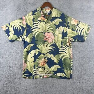 Tommy Bahama Silk Camp Shirt Mens Large Blue Tropical Hibiscus Floral Print